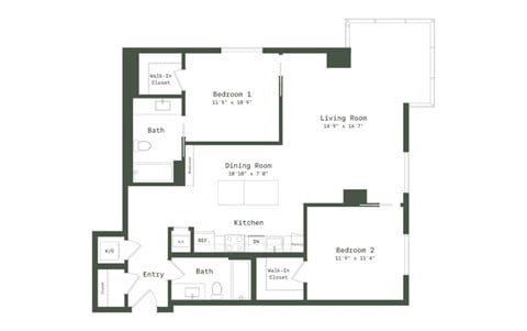 Floor plan for 2 beds, 2 baths, 1199 sqft